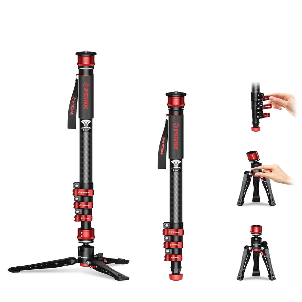 IFOOTAGE Monopod Cobra 3 C180F, 71" Monopod Camera Stand Carbon Fiber Camera Mono pod with Feet, Portable Travel Mono pod Compatible with Sony Canon Nikon DSLR Cameras, Max Load 17.64 lbs