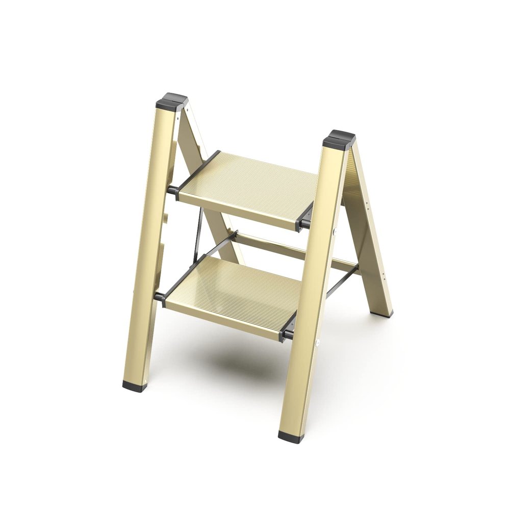 GameGem 2 Step Ladder, Aluminum Folding Step Stool with Anti-Slip Sturdy and Wide Pedal, Lightweight Portable Multi-Use Stepladder for Home and Kitchen Use Space Saving, Gold, 330 lbs