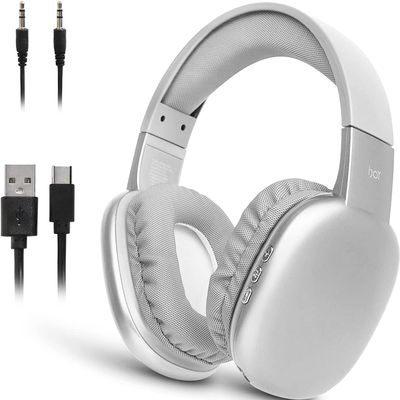 iJoy Ultra Wireless Over-Ear Bluetooth Headphones with Mic, Up to 10 Hours Playtime, Bluetooth Headset 33Ft Range with Backup AUX Cable & SD Slot, Wireless Headphones for Gaming, Work & Gym (Silver)