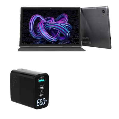 BoxWave Charger Compatible with YESTEL Android 11 Ultra-Strong Tablet T5 (10 in) - PowerDisplay PD Wall Charger (65W), GaN 65W Powerful Folding Plug LCD Display - Jet Black