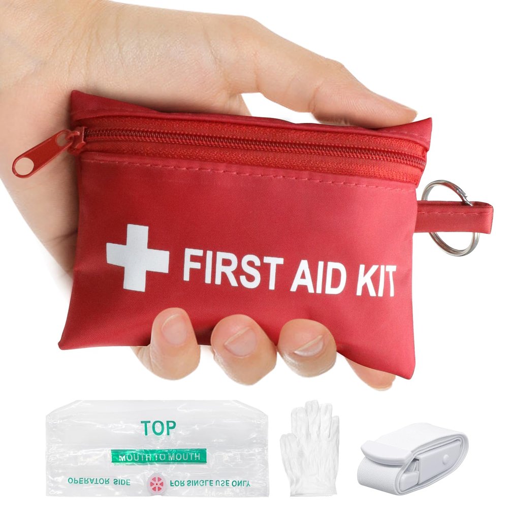 Yzpacc Mini First Aid Kit - CPR Keychain CPR Face Shield with Breathing Barrier & Elastic Belt & One Pair of Disposable Gloves for Travel Home Camping - Emergency Supplies(1 Set)