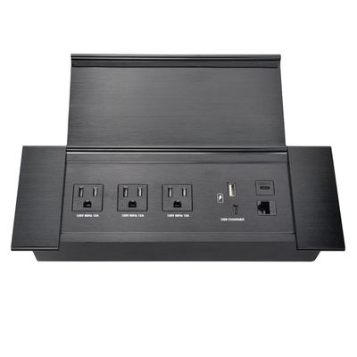 Brush Connectivity Box Conference Table Power Box with 3 Power Socket+ 1 USB-A and Type C Charger+1 CAT6+ 1 HDMI/USB-C Data(Black) (Flip up)