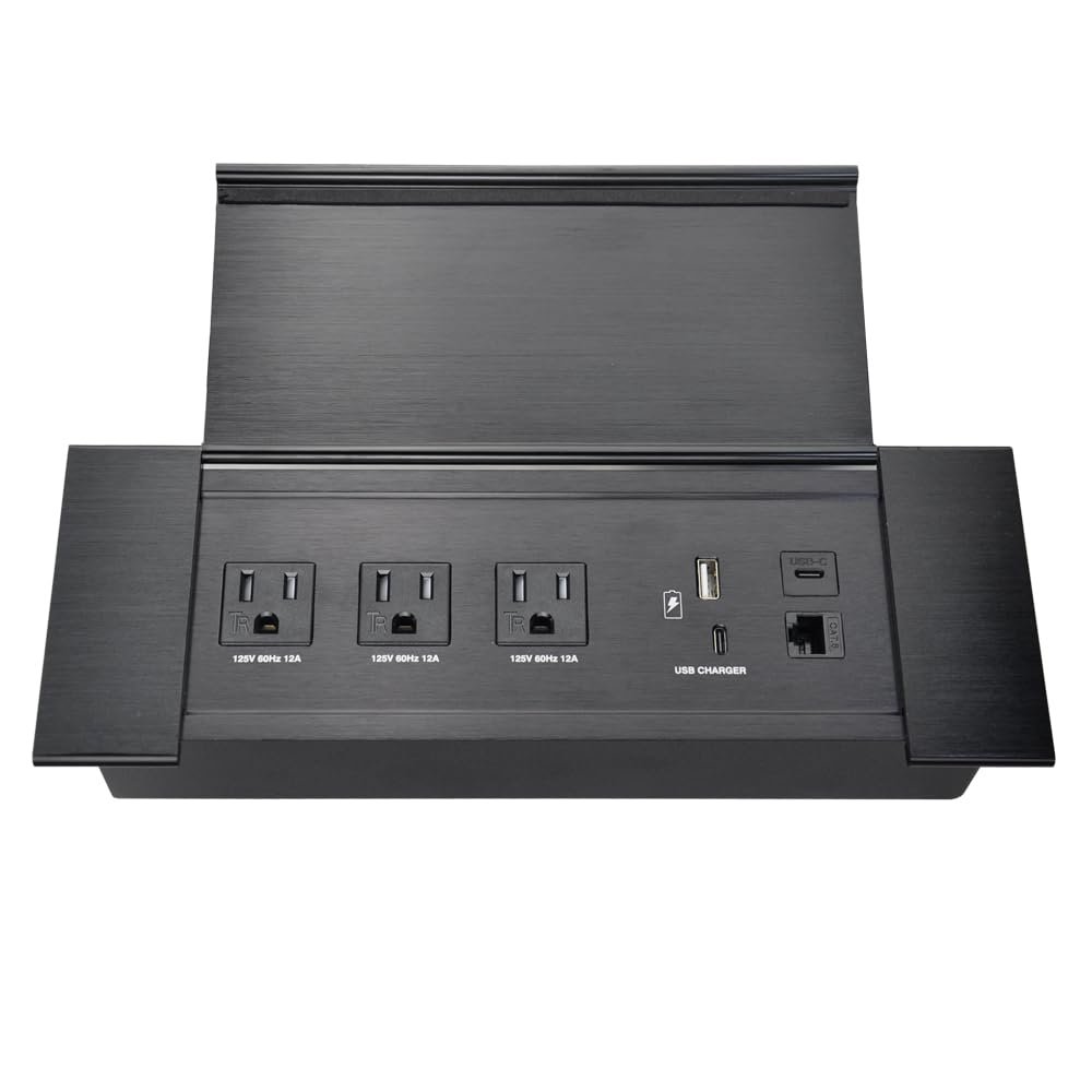 Brush Connectivity Box Conference Table Power Box with 3 Power Socket+ 1 USB-A and Type C Charger+1 CAT6+ 1 HDMI/USB-C Data(Black) (Flip up)