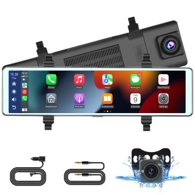 11.26 Inch Dashcam Front and Rear View Mirror Camera, Wireless CarPlay Android Auto Screen, Rearview Mirror Dash Cam with Bluetooth/Dual Cameras/AUX/Split Screen/Voice Control/1080P Backup Camera