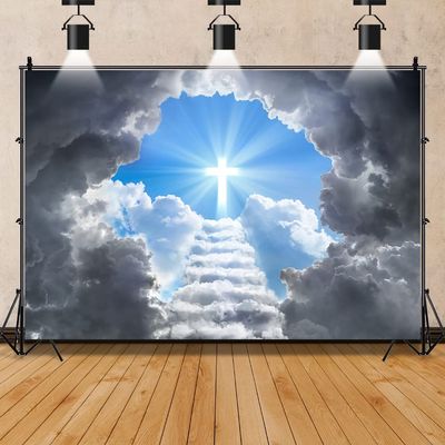 12x8ft Jesus Christian Easter Backdrop,Blue Sky White Cloud Stairway to Heaven Religious Belief Photography Background for Church Kids Adults Happy Holiday Party Decor Photo Studio Props