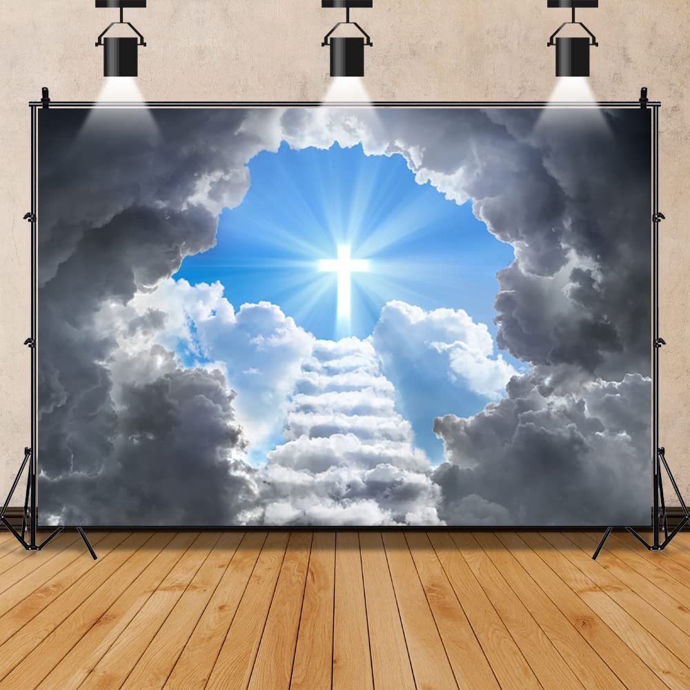 12x8ft Jesus Christian Easter Backdrop,Blue Sky White Cloud Stairway to Heaven Religious Belief Photography Background for Church Kids Adults Happy Holiday Party Decor Photo Studio Props