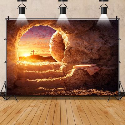 10x6.5ft Jesus is Risen Backdrop,Jesus Holy Light Cross Sunrise Photography Background Cave Stone Tomb Nature Scenery Vinyl Background Holy Night Photo Prop Studio Video