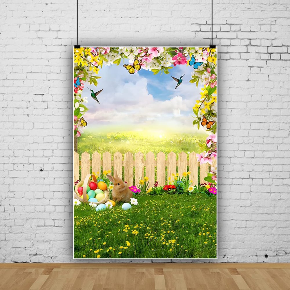10x15ft Spring Easter Backdrop,Garden Flower Stand Fence Eggs Rabbit Green Grass Photography Background for Kids Children Newborn Baby Shower Birthday Party Decor Banner Portrait Studio Booth Props