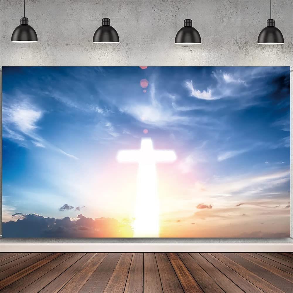 DORCEV 10x8ft Easter Crucifix Backdrop Blue Sky Heaven Resurrection of Jesus Photography Background Jesus Christ Cross Kids Baby Shower Party God Bless Christianity Church Events Banner Studio Props