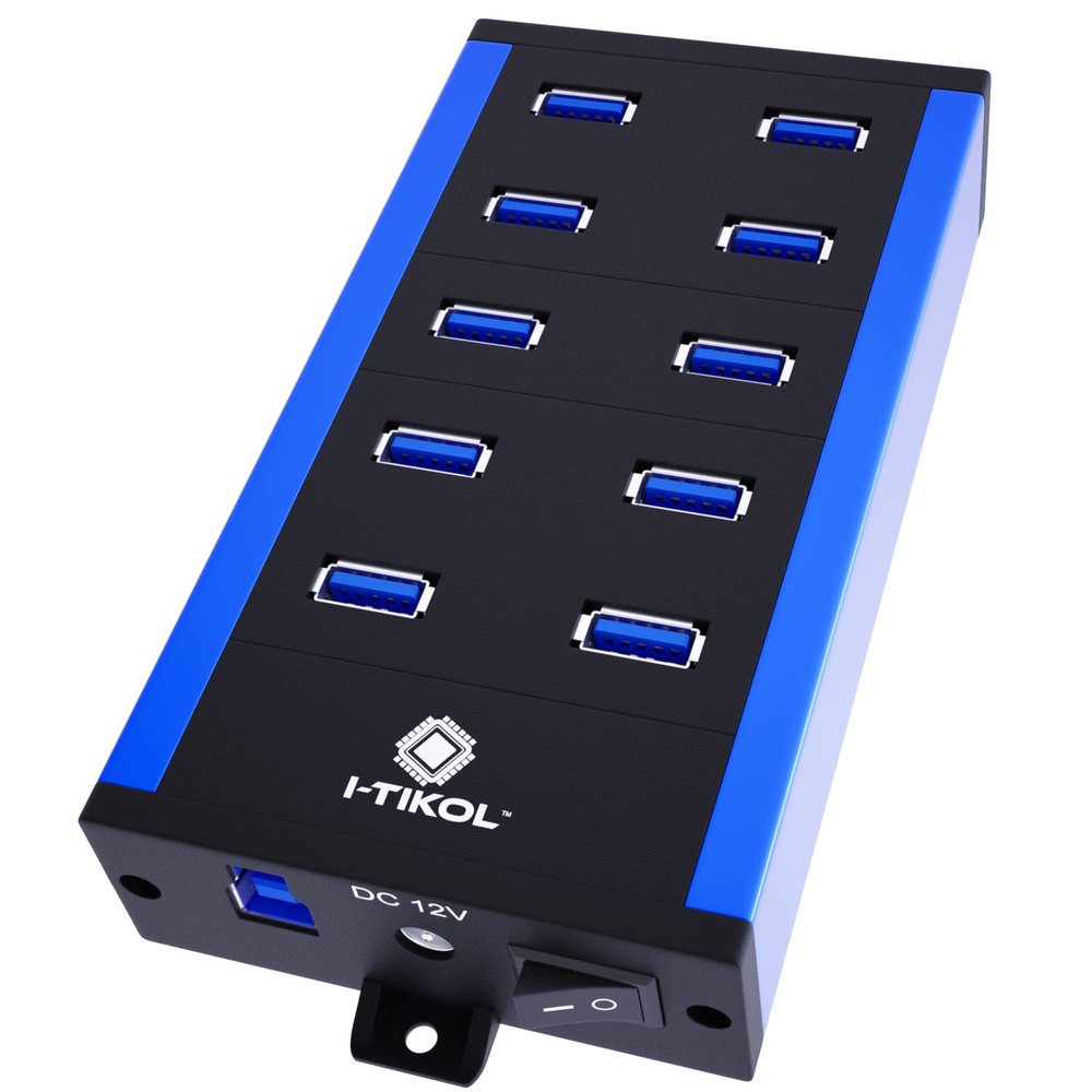 10 Ports Powered USB 3.0 Hub - 5Gbps High-Speed Expander With 12V 5A 60W 2.4mA Power Adapter - Aluminum Alloy Multiple Port Splitter for Laptop, Phone, Tablet, PC
