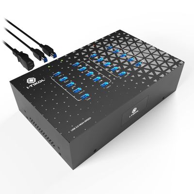 20 Port USB 3.0 Hub - 5Gbps Sync & High Speed Data Transfer, USB Hub with Power Supply Inside - Multi-Port Hub with Built-in 5V/40A/200W Power Adapter - Mounting Brackets for Laptop or Tablet