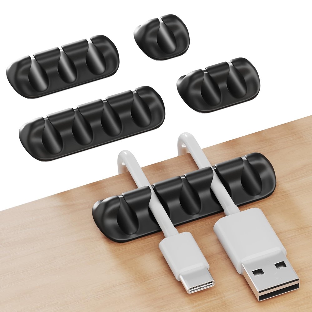 GLUIT Adhesive Desktop Cable Organizer 15 Slots Versatile Cord Holders Wire Clips and Cable Holder Cord Organizer for Desk Table Accessories Office Spaces New Black 5 Pack