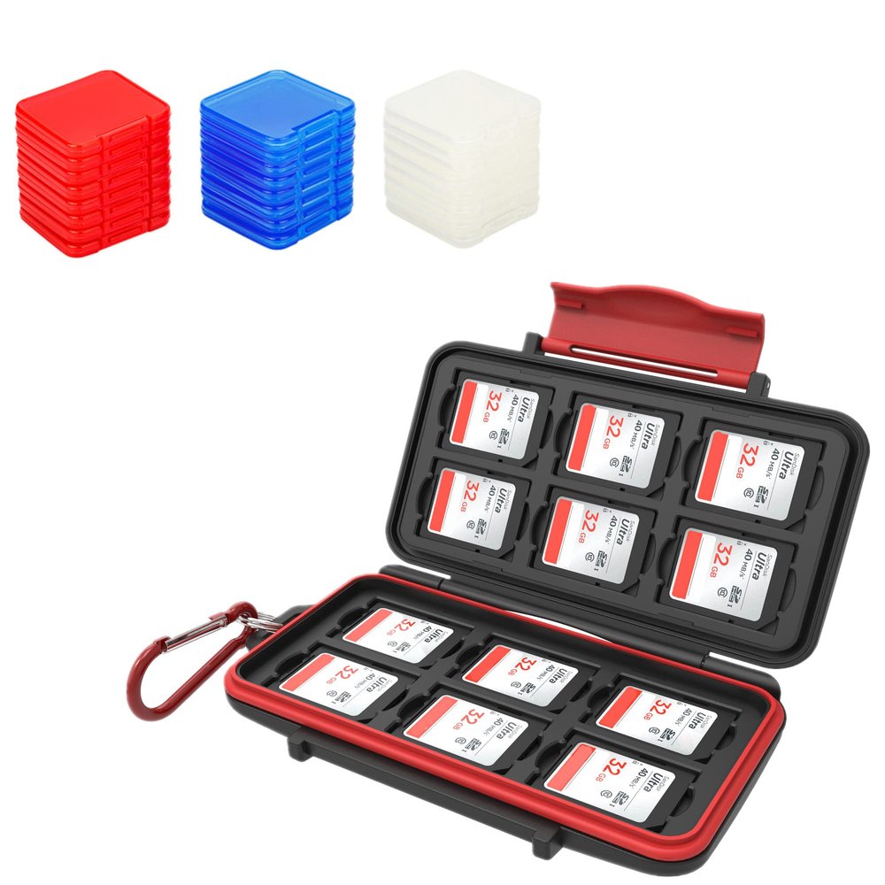 12 Slots Memory Card Holder + 24pcs Clear SD Card Case: Camera Memory Card Holder with Clear Plastic SD Card Case