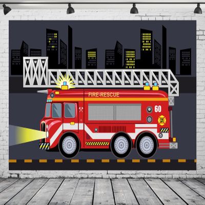 BELECO 9x6ft Fabric Firetruck Backdrop City Night View Cartoon Fire Truck Fire-Rescue Boys Fireman Birthday Background Firetruck Party Decorations Cake Table Decor Banner Kids Firefighter Photo Props