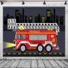 BELECO 9x6ft Fabric Firetruck Backdrop City Night View Cartoon Fire Truck Fire-Rescue Boys Fireman Birthday Background Firetruck Party Decorations Cake Table Decor Banner Kids Firefighter Photo Props view 1