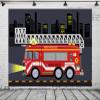 BELECO 9x6ft Fabric Firetruck Backdrop City Night View Cartoon Fire Truck Fire-Rescue Boys Fireman Birthday Background Firetruck Party Decorations Cake Table Decor Banner Kids Firefighter Photo Props view 3