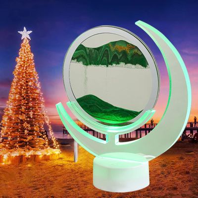 WLWMCFXPWH Moving Sand Art Quicksand Painting Table Lamp,Moon Shape 3D Mobile Sand Painting Table Lamp Glass Flowing Sand Art Desktop Home Office Decor,Gift for Adult Kid Calm Relaxing (Green)