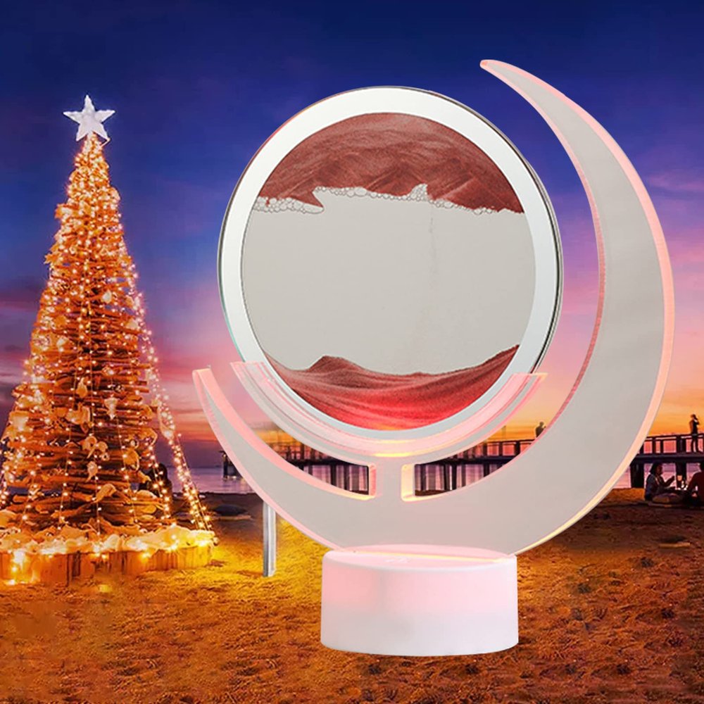 WLWMCFXPWH Moving Sand Art Quicksand Painting Table Lamp,Moon Shape 3D Mobile Sand Painting Table Lamp Glass Flowing Sand Art Desktop Home Office Decor,Gift for Adult Kid Calm Relaxing (Red)