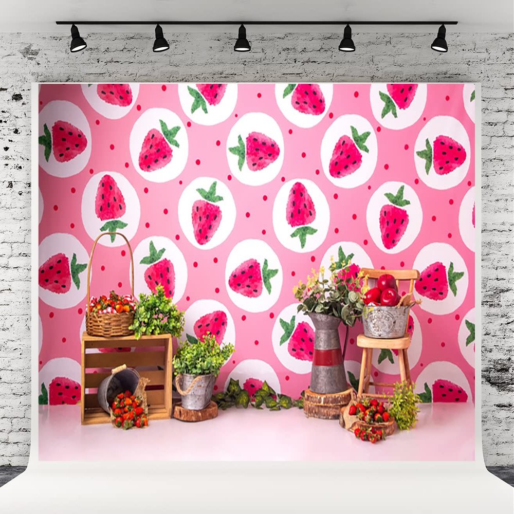 10x6.5ft Strawberry Photography Background Strawberry Birthday Backdrop Cartoon Background for Summer Party Photography Portraits Photo-Booth