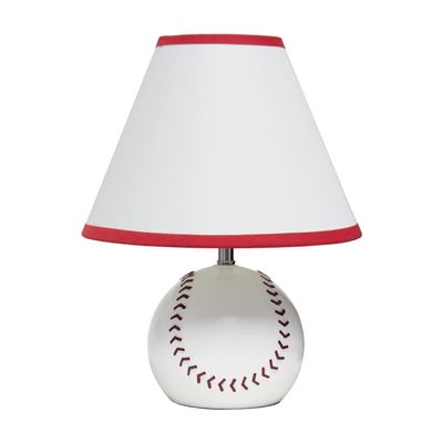 Simple Designs LT1080-BSB SportsLite 11.5" Tall Athletic Sports Baseball Ceramic Bedside Table Desk Lamp w White Empire Fabric Shade w Red Trim for Kids' Room, Nursery, Bedroom, Game room, Mancave