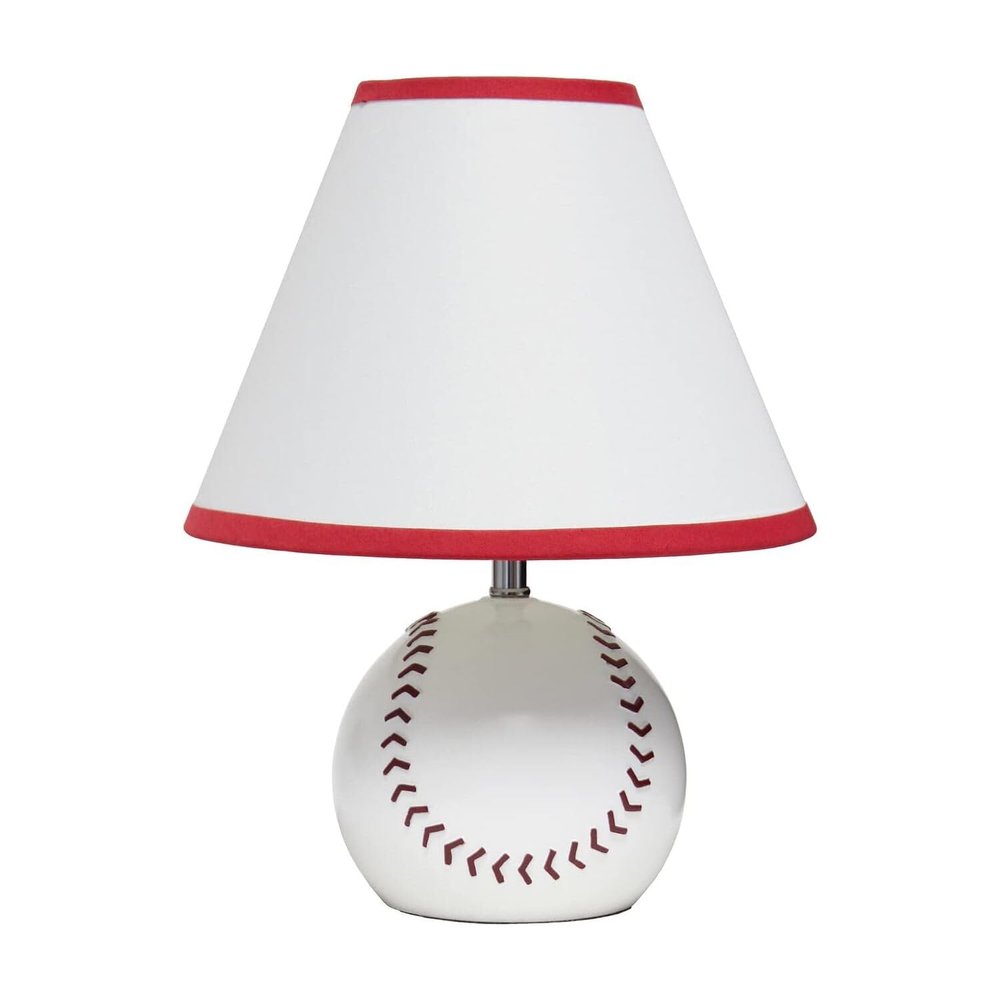Simple Designs LT1080-BSB SportsLite 11.5" Tall Athletic Sports Baseball Ceramic Bedside Table Desk Lamp w White Empire Fabric Shade w Red Trim for Kids' Room, Nursery, Bedroom, Game room, Mancave