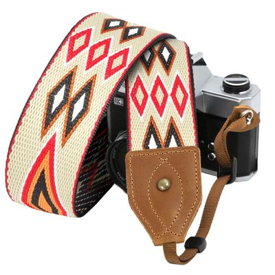 Padwa Lifestyle Camera Strap - Classic Crazy Horse Art Cowhide Leather Ends Camera Strap for Photographers, Unique 2" Vintage Embroidered Cotton Strap Adjustable for All DSLR Cameras(Red Rhombus)