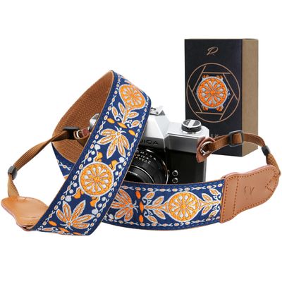 Padwa Lifestyle Camera Strap - 2" Cowhide Leather Head Cotton Camera Straps for Photographers,Adjustable Neck Shoulder & Crossbody Embroidered Cotton Padded Strap for ALL DSLR/SLR Cameras