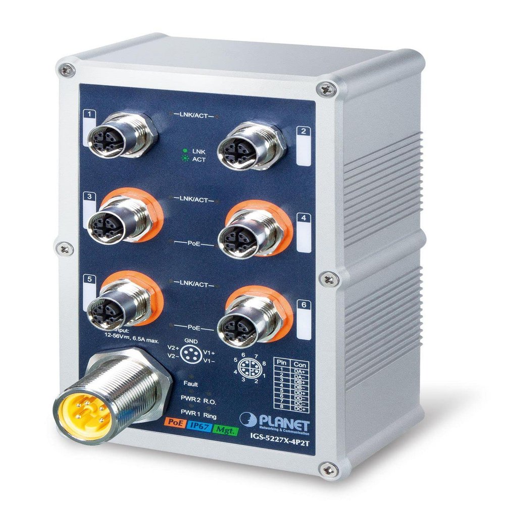 Planet IP67-rated Industrial L2+ 4-Port 10/100/1000T M12, W125995898 (4-Port 10/100/1000T M12 802.3at PoE + 2-Port 10/100/1000T M12 Managed Ethernet Switch IP67-rated)