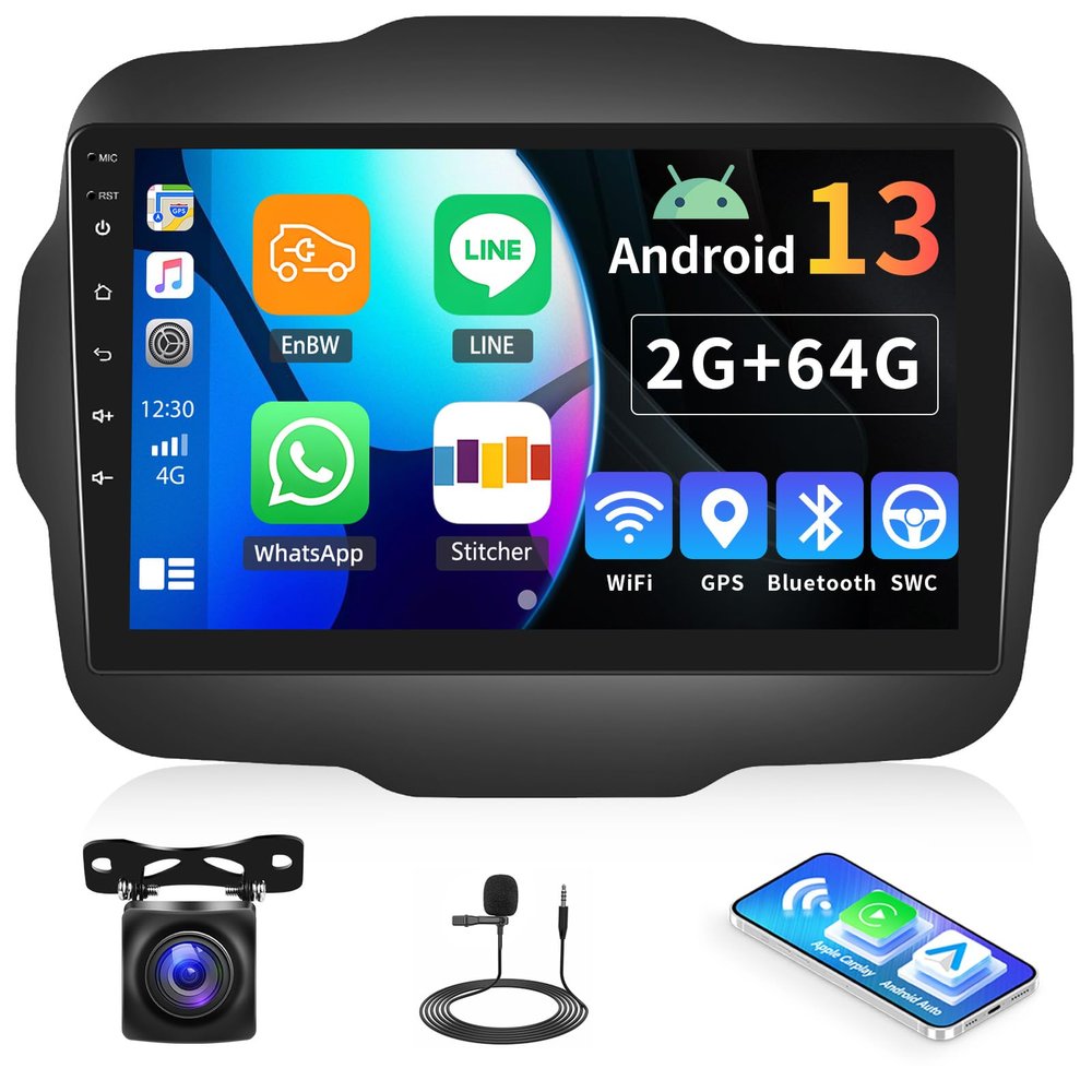 2+64G Android 13 Car Stereo for Jeep Renegade 2016-2020 with Apple Carplay Android Auto,9'' HD Touchscreen Car Radio with WiFi,GPS Navigation,Bluetooth,FM/RDS Radio,SWC,Daul USB,HiFi+AHD Rear Camera