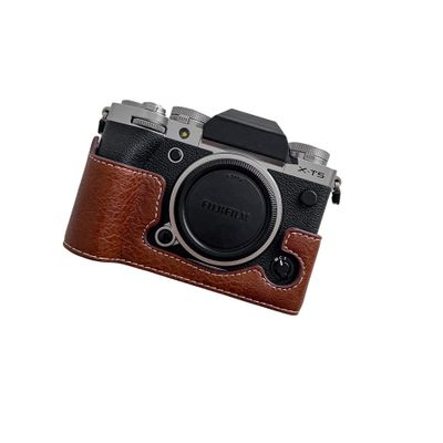X-T5 Case, BolinUS Handmade PU Leather Half Camera Case Bag Cover Bottom Opening Version for Fujifilm Fuji X-T5 XT5 With Hand Strap (Coffee)