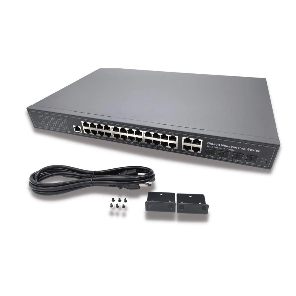 24-Port Rackmount Managed Network Switch - Layer 2 PoE+ Managed Switch (IEEE 802.3at) - 400W Gigabit 1 Gig Power Over Ethernet for Intelligent Buildings - Smart Support, IGMP, VLAN, QoS, DHCP