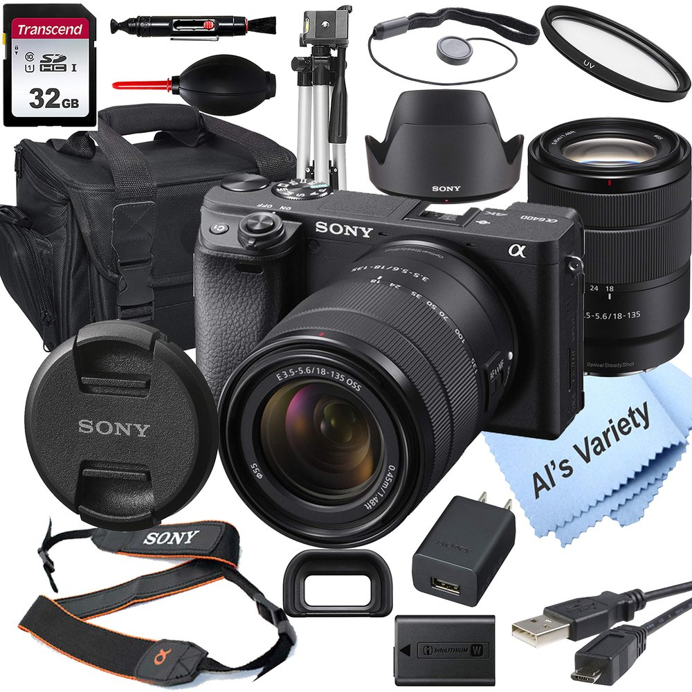 Sony Alpha a6400 Mirrorless Digital Camera with 18-135mm Lens + 32GB Card, Tripod, Case, and More (18pc Bundle) (Renewed)