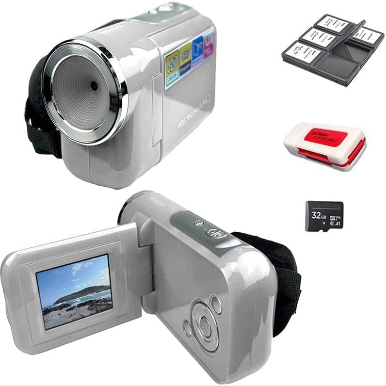 eDealz 16MP Megapixel Compact Digital Camcorder with HD Video and Photos - 16x Zoom, 2.4" Screen, 32GB Card, Memory Case, Card Reader and USB Cable (Silver)
