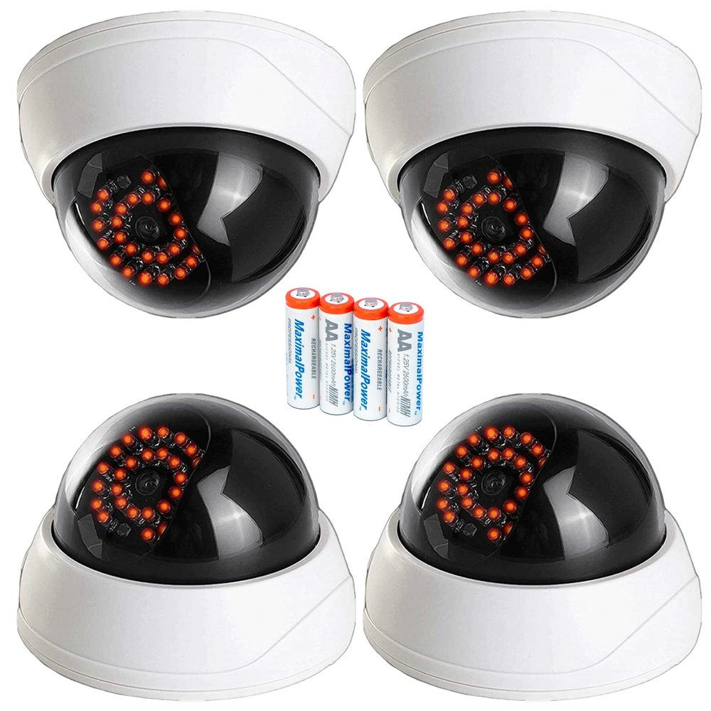 MaximalPower Imitation CCTV Security Dummy Dome Camera with Red LED Light for Home, Shop, Business, etc. (4 Pack & 4PC AA Battery)