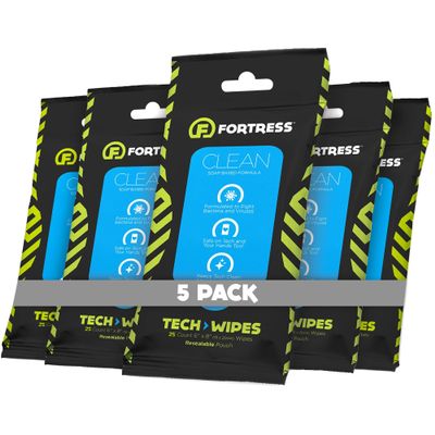 Fortress Electronic Wipes (25 ct, Pack of 5) To-Go Tech Wipes for Screens, Phones, Keyboards, TV Monitors, Computer Screens, and More [Travel Size] Skin-Safe
