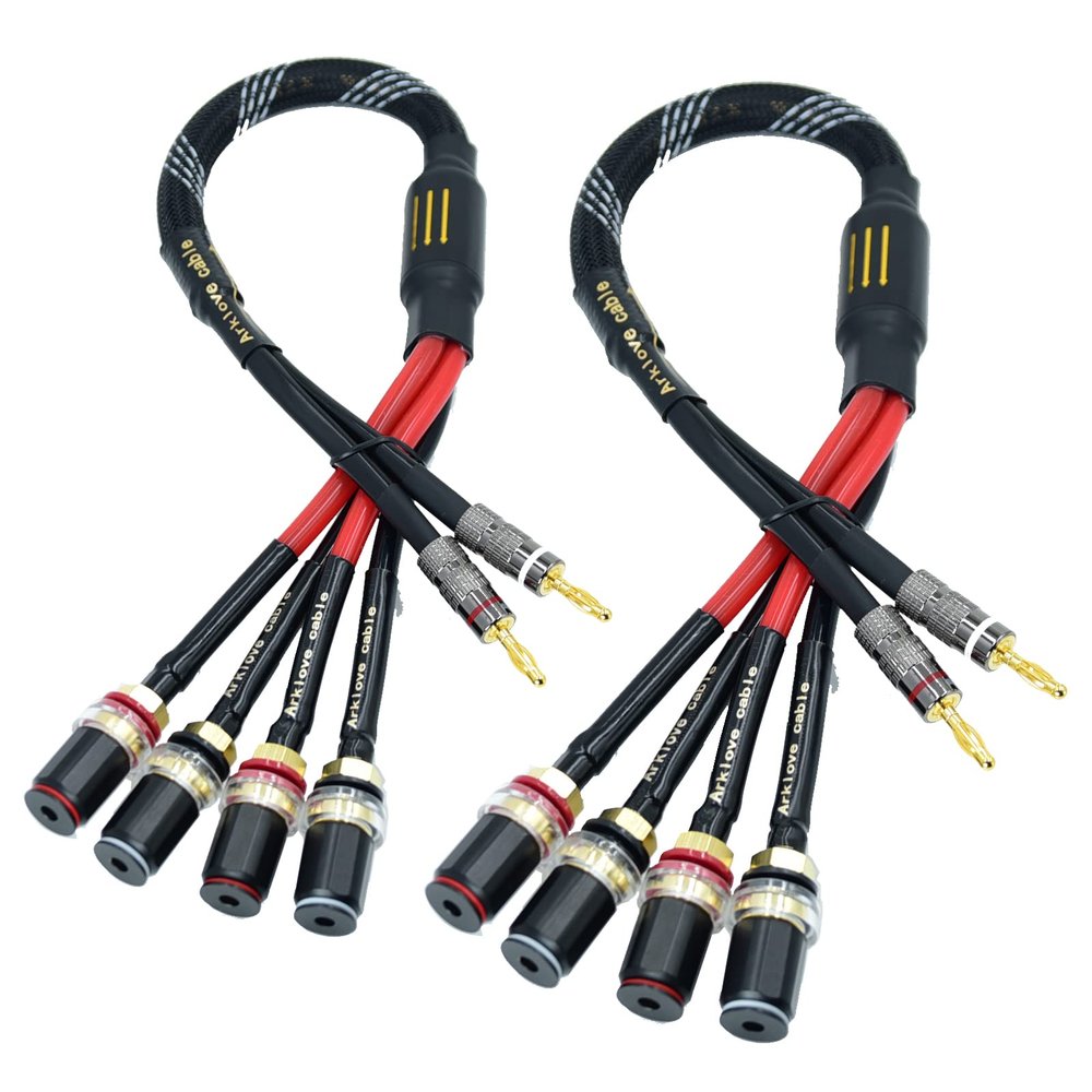 Arklove 1ft 2packs 13awg Speaker Cable Premium Heavy Duty Braided Wire Dual Banana 2 Plug to 4 Banana Female Plugs Frequency Division 2 Banana Plugs - 4 Banana Plugs 1pair