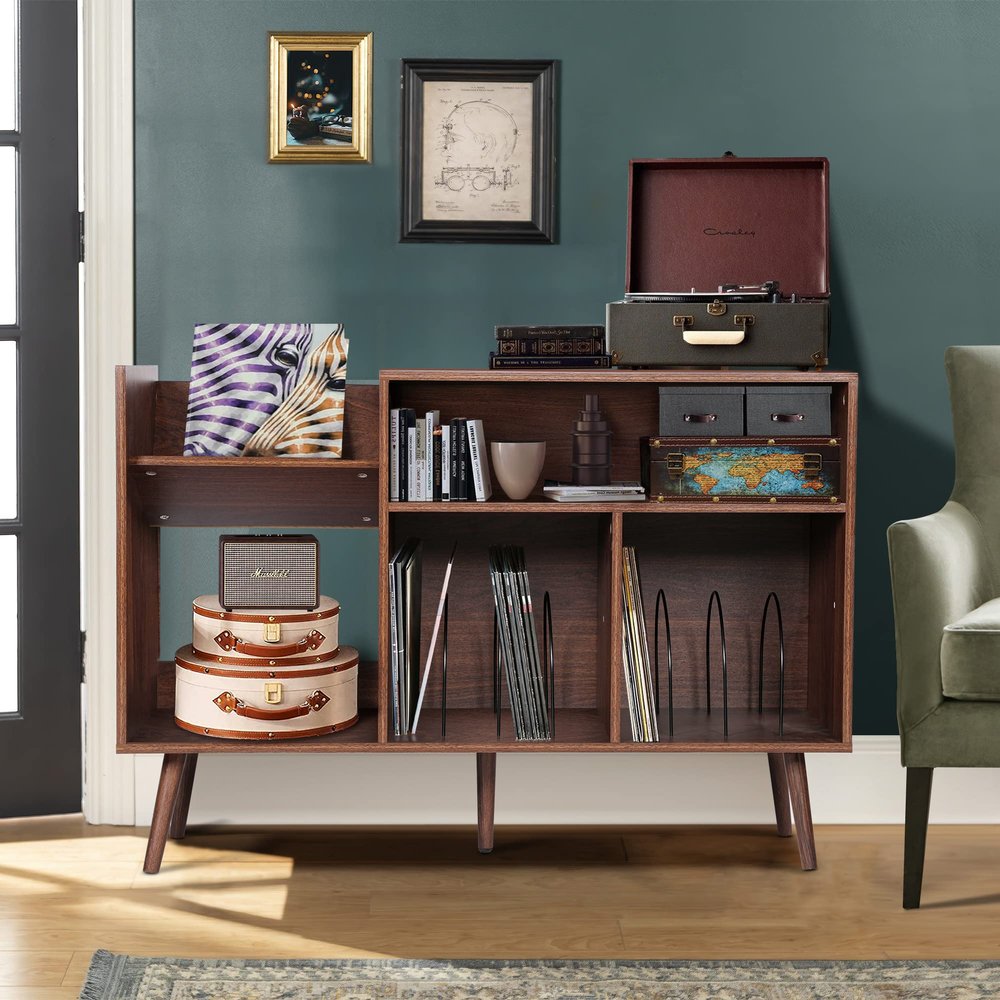 QHITTY Record Player Stand, Mid-Century Modern Vinyl Record Storage Cabinet Table with Wood Legs, Turntable Stand Record Holder Holds Up to 300 Albums for Living Room, Bedroom