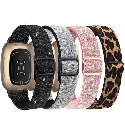 4 Pack Elastic Nylon Bands Compatible with Fitbit Versa 4/Versa 3/Sense 2/Sense, Soft Breathable Replacement Adjustable Stretchy Nylon Loop Wristband Sport Strap for Woman Man-Color 403