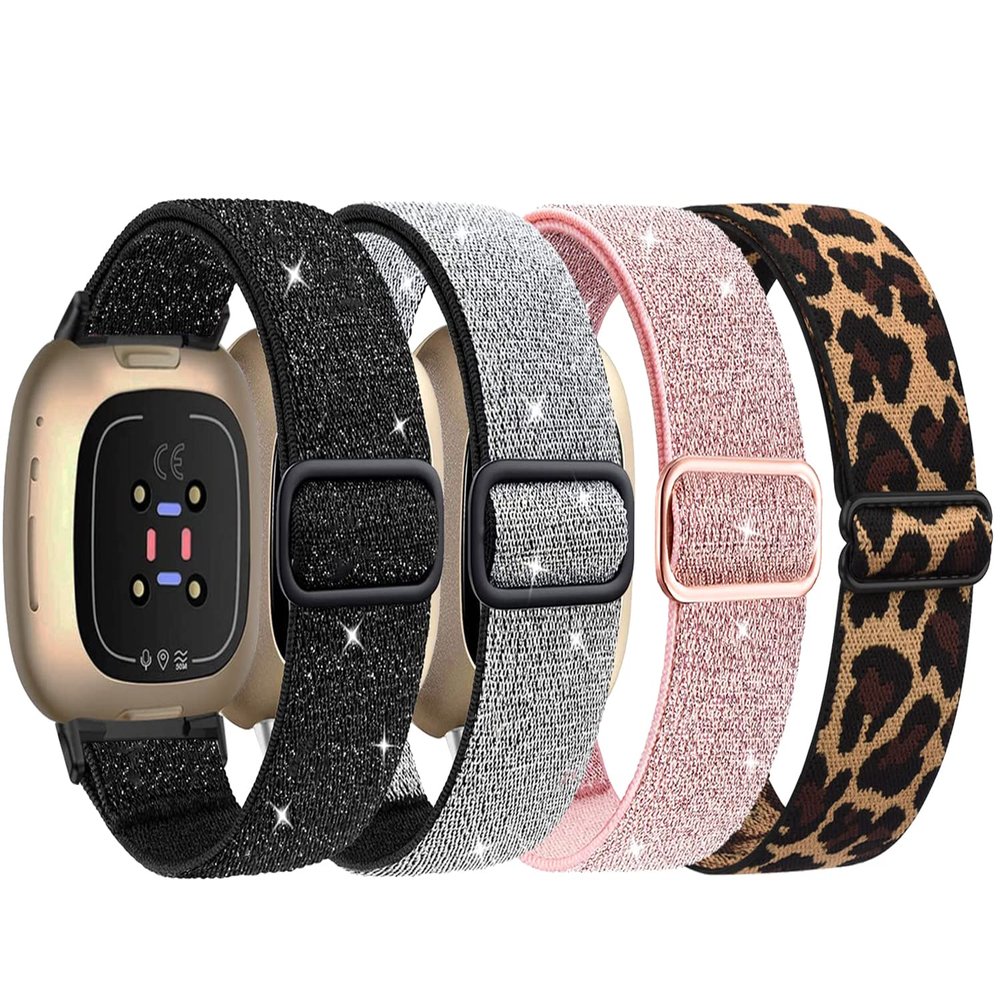 4 Pack Elastic Nylon Bands Compatible with Fitbit Versa 4/Versa 3/Sense 2/Sense, Soft Breathable Replacement Adjustable Stretchy Nylon Loop Wristband Sport Strap for Woman Man-Color 403
