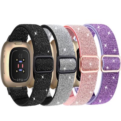 4 Pack Elastic Nylon Bands Compatible with Fitbit Versa 4/Versa 3/Sense 2/Sense, Soft Breathable Replacement Adjustable Stretchy Nylon Loop Wristband Sport Strap for Woman Man-Color 401