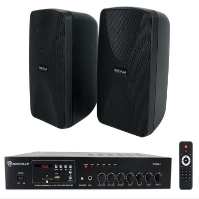 Rockville WET-40B Bundle: (2) 4-inch 70V Commercial Indoor/Outdoor Wall Speakers, Black with Swivel Mounts, RCS80-1 60 Watt 70V Bluetooth Commercial/Restaurant Amplifier Receiver, 3-Items