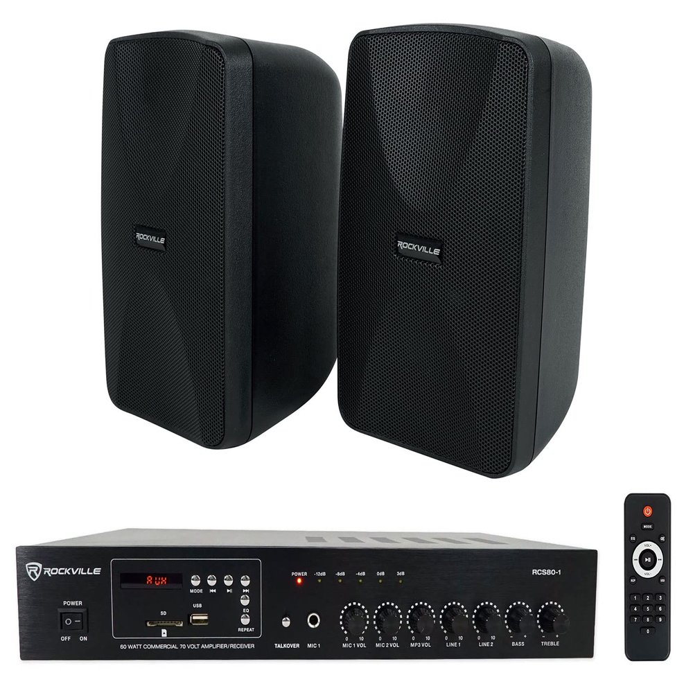 Rockville WET-40B Bundle: (2) 4-inch 70V Commercial Indoor/Outdoor Wall Speakers, Black with Swivel Mounts, RCS80-1 60 Watt 70V Bluetooth Commercial/Restaurant Amplifier Receiver, 3-Items