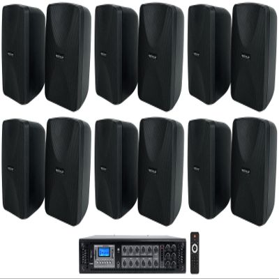 Rockville WET-40B Bundle: (12) 4 in 35W RMS 70V/8 Ohm Indoor/Outdoor Wall Speakers Black with Swivel Brackets, RCS350-6 350W 70V/100V 6-Zone Amplifier Receiver with Bluetooth, 13-Items