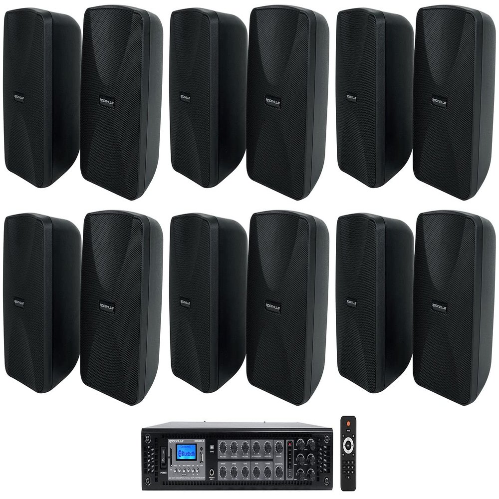 Rockville WET-40B Bundle: (12) 4 in 35W RMS 70V/8 Ohm Indoor/Outdoor Wall Speakers Black with Swivel Brackets, RCS350-6 350W 70V/100V 6-Zone Amplifier Receiver with Bluetooth, 13-Items