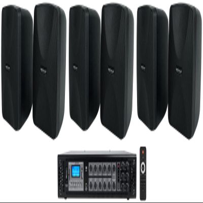 Rockville RCS180-6 Bundle: 6-Zone 70V Bluetooth Commercial Amplifier, (6) 4-in WET-40B Indoor/Outdoor Wall Speakers with Swivel Brackets, Black, for Restaurants Offices Schools, 7-Items