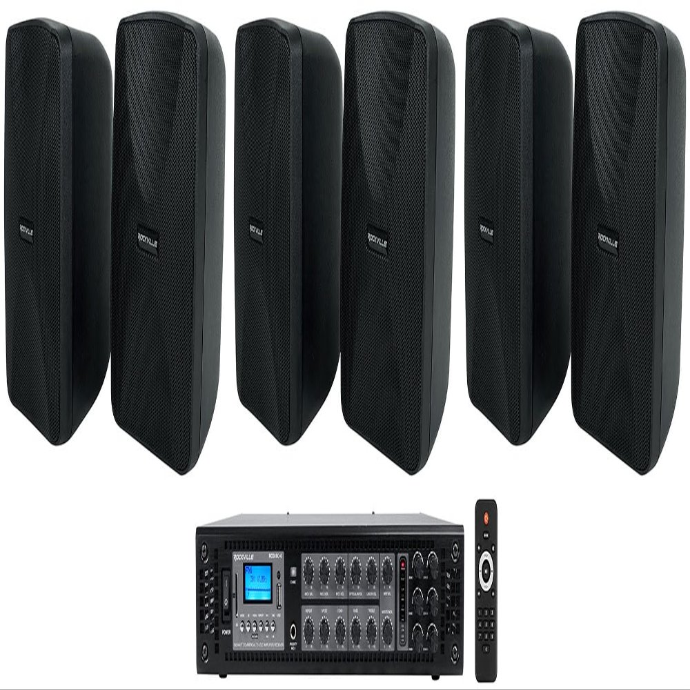 Rockville RCS180-6 Bundle: 6-Zone 70V Bluetooth Commercial Amplifier, (6) 4-in WET-40B Indoor/Outdoor Wall Speakers with Swivel Brackets, Black, for Restaurants Offices Schools, 7-Items