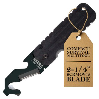 BLACKHAWK HAWKHOOK Compact Survival Multitool, 2-1/4 9CRMOV18 Blade with G10 Handle with Glass Breaker, Seatbelt Cutter, Serrated Edge, Wire Stripper, Screwdriver, Bottle Opener (BH15HH11BK)