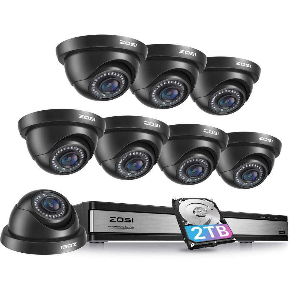 ZOSI 16 Channel Security Camera System 1080p, 2MP H.265+ Hybrid 16CH DVR with AI Human Vehicle Detect, 8 x 1080p CCTV Dome Camera Outdoor, 80ft Night Vision, 90 View Angle, Remote Access, 2TB HDD