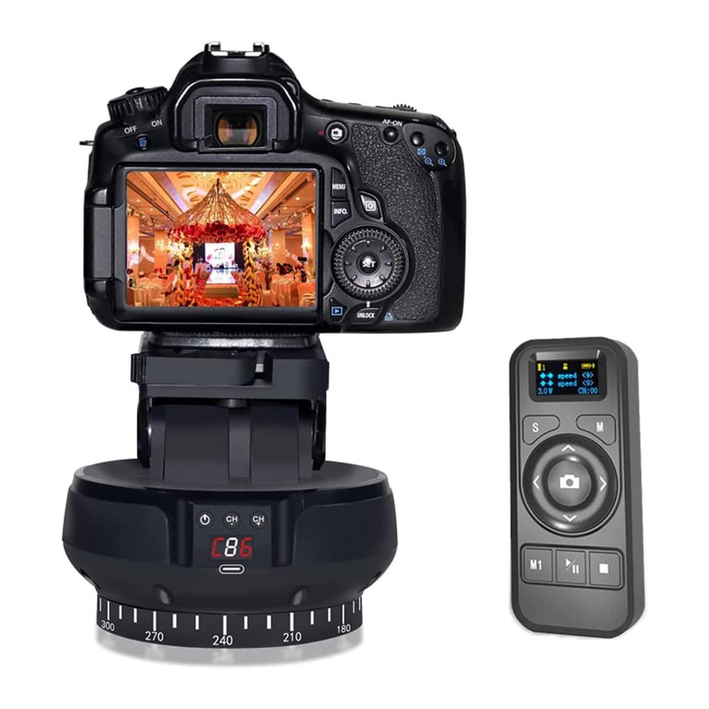 2.4G Electronic Camera Tripod Head, Motorized Panoramic Tripod Head + 360 Rotation + Tilt 35 + Remote Control, Works with Mobile Phone, DSLR Camera