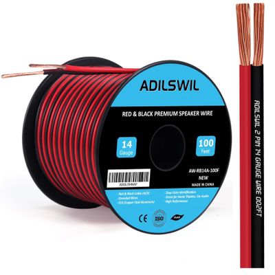 14AWG 100FT Speaker Wire, 2 Conductors Electrical Red Black Cable Hookup LED Lighting Strips Flexible Wire Extension Cord 14 Gauge Copper Clad Aluminum Copper Wire 12V/24V DC Cable